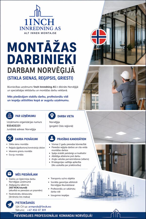 Montāžas darbinieki darbam norvēģijā (stikla sienas, reģipsis, griesti Montāžas darbinieki darbam norvēģijā (stikla sienas, reģipsis, griesti - MM.LV