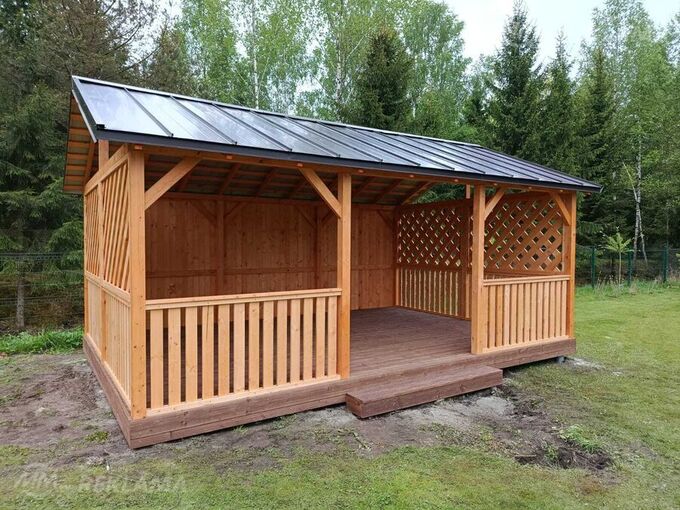 Natural wood gazebo 4x6 m with metal roof - MM.LV